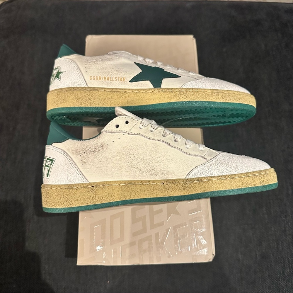 Golden Goose White and Green Sneakers
